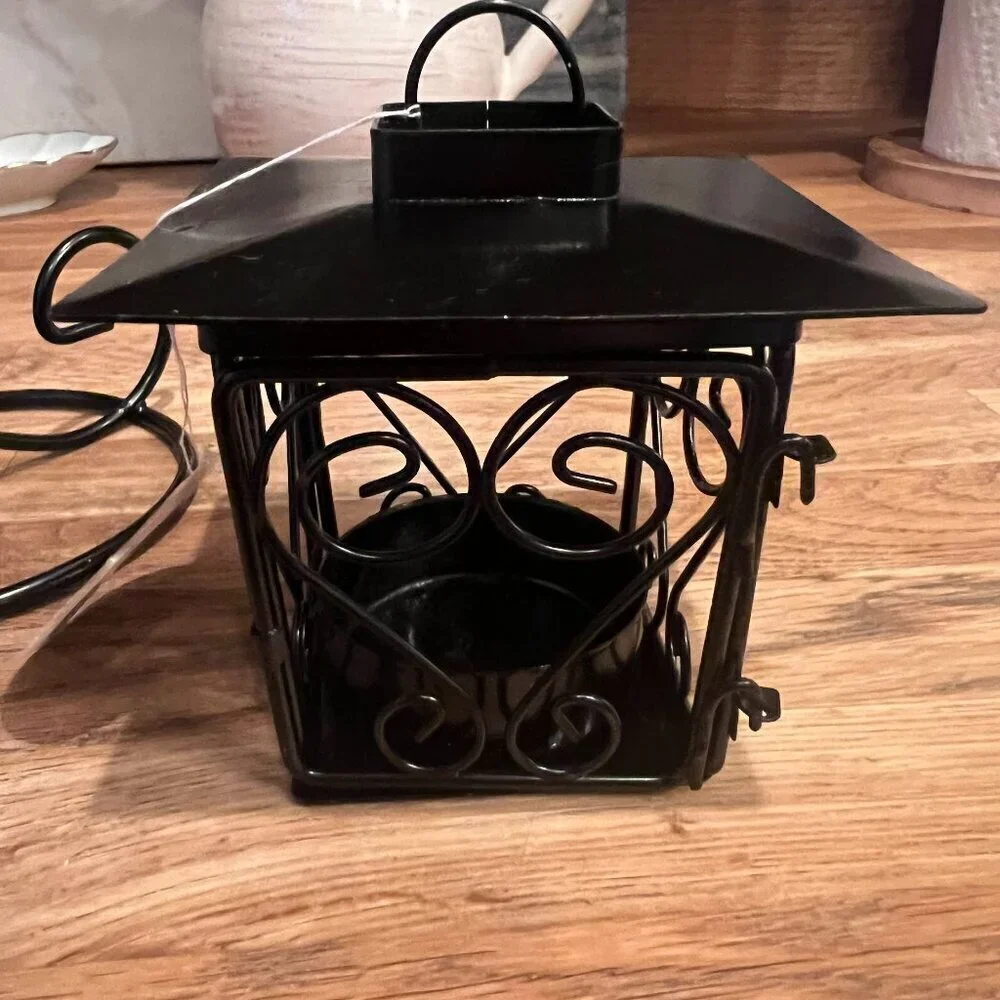 Mid-Century Modern Metal Black Bird House Cage Tea Light Hanging Lantern w/Stand